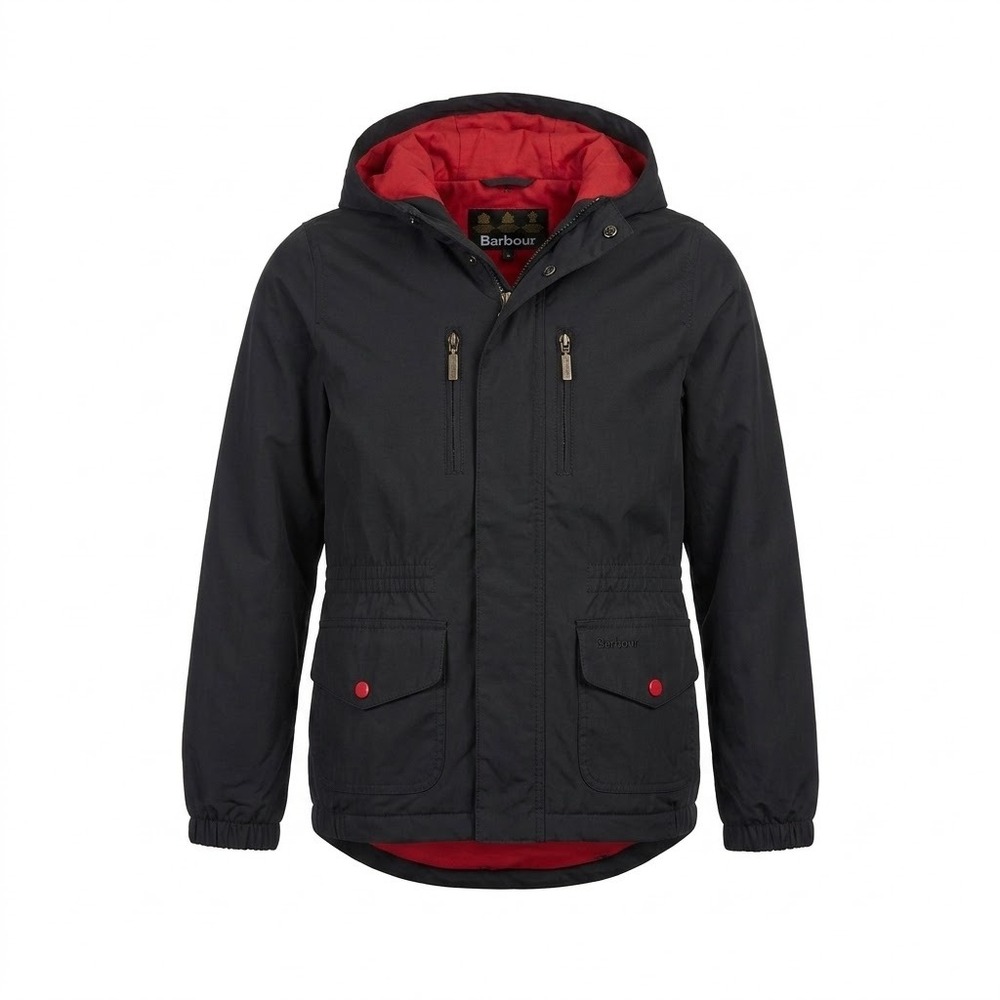 Barbour BOYS LARGE Black Red Waterproof Breathable Hooded Jacket Coat - AC